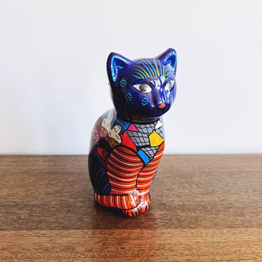 Vintage Mexican Ceramic Painted Cat Figurine 