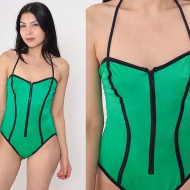 80s Zip Up One Piece Swimsuit Vintage Halter Neck Green Bathing Suit Avon Swimwear 1980s Sweetheart Neckline Zipper Front Retro Small S 