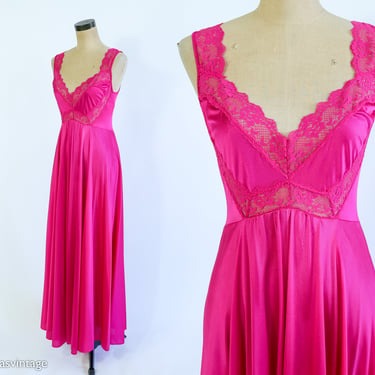 1970s Bright Pink Nightgown | 70s Magenta Dressing Gown | Lady Cameo | Large 