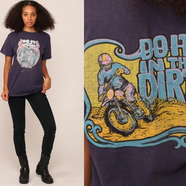 Biker Shirt Motorcycle Tshirt 1976 NAKED BIKER CHICK Top Graphic T Shirt 70s Rock Dirt Bike Hipster Faded Blue Rocker Large 