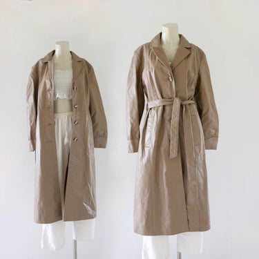 70's taupe leather trench jacket - s - vintage 60s 70s 1960s 1970s womens size small long belted minimal brown beige boho hippie coat 