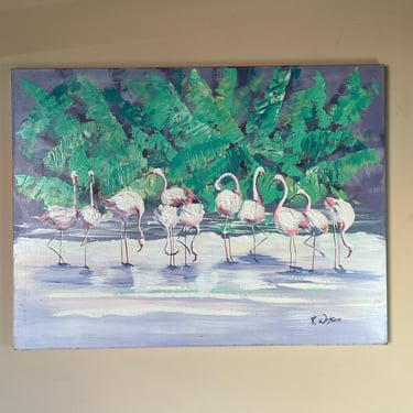 80's R. Watson Flamingos Coastal Landscape Oil Painting 