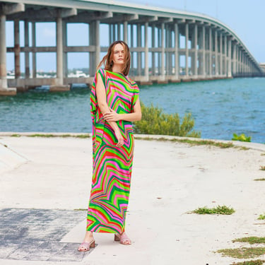 60s Bright Pink Green Psychedelic Wavy Print Dress Vintage Caftan Slouchy Knit Maxi Dress 