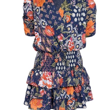 Amanda Uprichard - Navy & Orange Floral Print Smocked Waist Dress Sz S