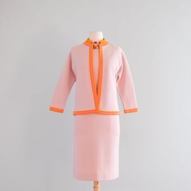 Pretty 1960's Pink & Orange Color Block Sherbet Knit Three Piece Set / M