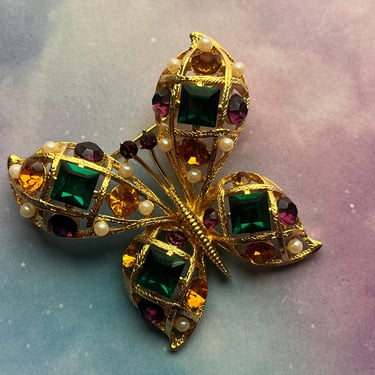 jeweled butterfly brooch vintage rhinestone jewel pin 