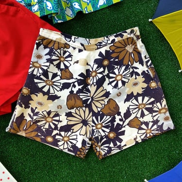 Comfy Mod Vintage 60s 70s Brown Flower Power Cotton Shorts 