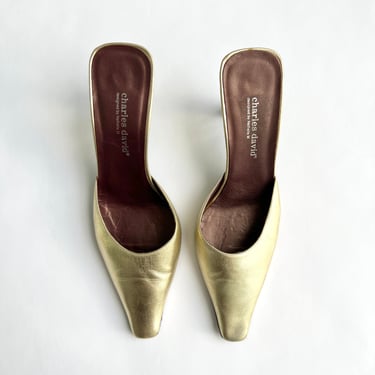 Gold Leather Heeled Mules - 11