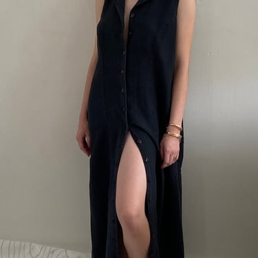 90s linen shirt dress / vintage black woven 100% linen button front sleeveless collared belted shirt maxi dress | Medium 