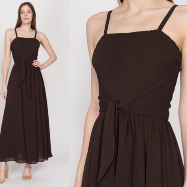 XS 70s Chocolate Brown Chiffon Tie Front Gown | Vintage Spaghetti Strap Formal Maxi Party Dress 