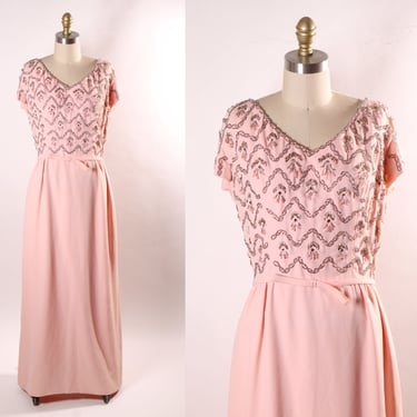 1960s Light Pink Short Sleeve Silver and Pink Beaded Full Length Formal Dress -M 