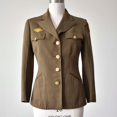 WWII Era US Army Womens Uniform Jacket / Vintage Womens Military Suit Jacket / Womens Olive Drab Wool Fitted Jacket w Patches 