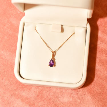 Italian 14K Amethyst Teardrop Pendant Necklace, February Birthstone, Estate Jewelry, 18.5
