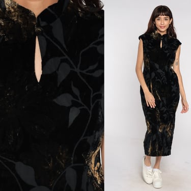 Velvet Cheongsam Dress 90s Burnout Leaf Print Ankle Length Maxi Mandarin Collar Keyhole 1990s Asian Sheath Dress Vintage Cap Sleeve Medium M 