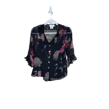 Vintage TESS Women’s Black Sheer Floral Pattern Button Up 100% SILK Shirt Blouse Top Size 8 