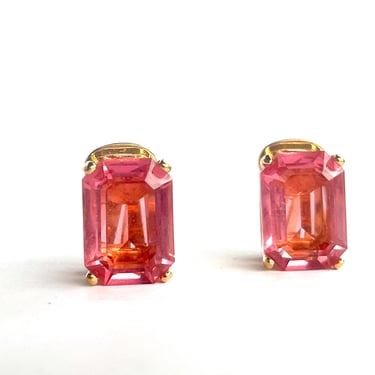 Vintage CHRISTIAN DIOR Gold Hot Pink Crystal Runway Earrings,  Pink Emerald Cut Gold Tone Earrings, Designer Hot Pink Earrings, Signed 