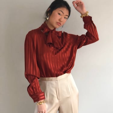 90s silk pussy bow blouse / vintage burnt sienna cinnamon silk satin striped neck tie pussy bow french cuffs blouse | L 