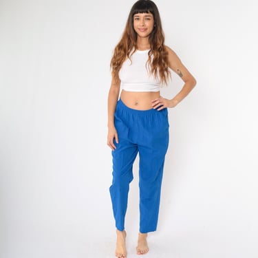 Vintage Blue Elastic Waist Pants 80s Pull On Trousers Tapered Leg Lounge Pants Retro 1980s Lightweight Normcore Medium M 