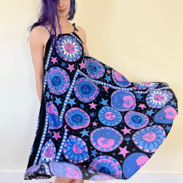 LBV 70’s Sun and Moon Black Blue Purple Indian Cotton Tapestry Bias Cut Strappy Midi Dress