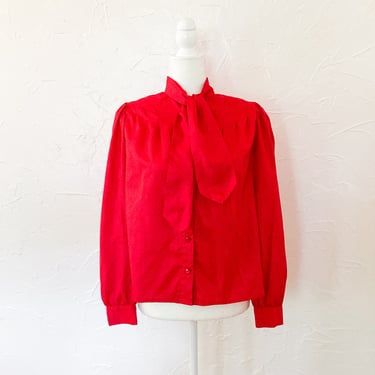 80s Red and Black Polka Dot Printed Pussy Bow Blouse | Medium 