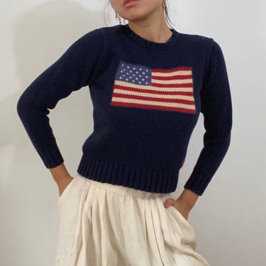 80s Ralph Lauren flag sweater / vintage navy blue cotton American flag Ralph Lauren Polo crewneck cropped snug sweater | Small 