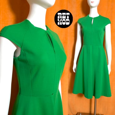 Lovely Vintage 60s 70s Apple Green Knit Cap Sleeve Mod Fit and Flare Dress 