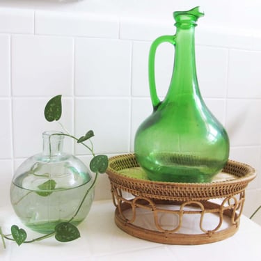 Vintage 70s Green Italian Tall Glass Bottle with Handle - Wine World 1976 Long Neck Bottle - Rustic Shabby Chic Home Decor 