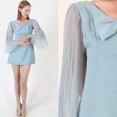 Kimono Angel Sleeve Mini Dress Baby Blue Chiffon Micro Frock Vintage Womens 60s Sexy Short Dress 