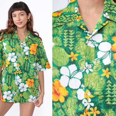 70s Hawaiian Shirt Floral Aloha Button Up Tropical Print Bright Green Yellow Dagger Collar 1970s Vintage Boho Short Sleeve Retro Large xl 
