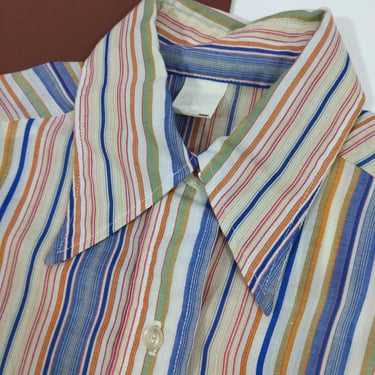 Smart Vintage 70s Blue White Gold Stripe Cotton Long Sleeve Blouse with Dagger Collar 