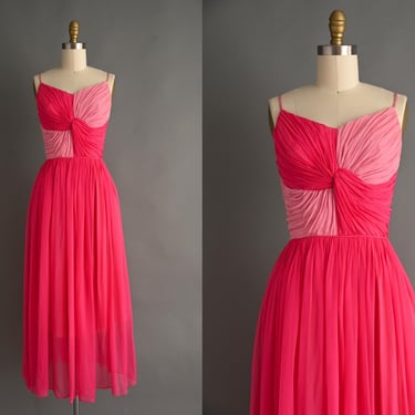 vintage 1950s Dress | Gorgeous Pink Color Block Chiffon Cocktail Party Dress | XS Small 