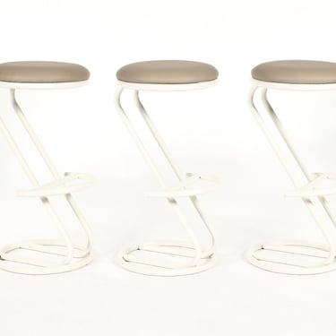 Mid Century Vintage Modernist French Barstools — Louis Sognot — Tan Leather — Set of 3 