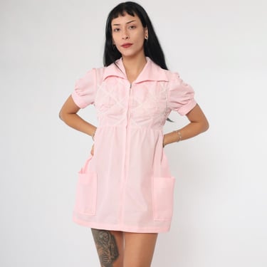 Vintage Babydoll Dress 70s Baby Pink Puff Sleeve Dress Micro Mini Empire Waist 60s Mod Front Zip 1970s Ric-Rac Pocket Extra Small xs Petite 