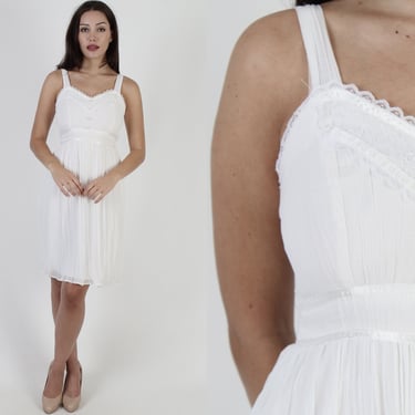 All White 70s Prairie Sun Dress, Vintage Simple Country Voile Mini Dress 