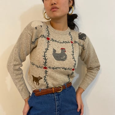 80s sampler wool sweater / vintage oatmeal rag wool hen dog farm folk patchwork fair isle cropped sweater | Small 