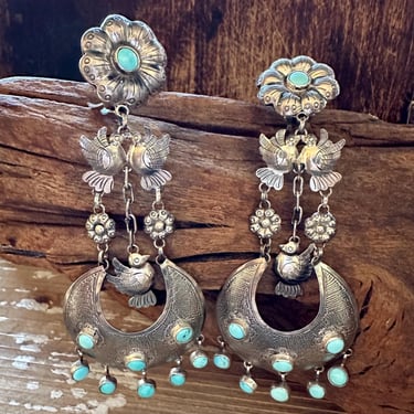 FEDERICO TURQUOISE LOVEBIRDS Mexican Silver Earrings | Large Sterling Silver Chandelier Dangles | Frida Kahlo Style, Bird Flower | Handmade 