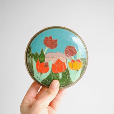 Vintage Brass Box with Enameled Tulips 
