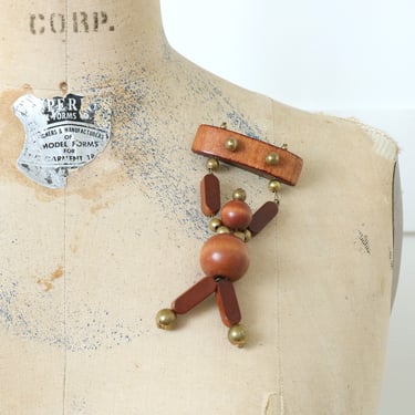 articulated novelty brooch • handmade wood & brass beads figural wooden bead acrobat  pin 