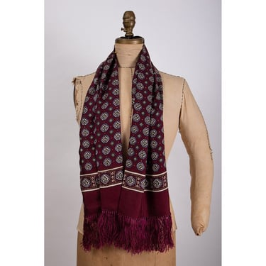 Vintage 1940s style burgundy print silk foulard scarf with fringe 