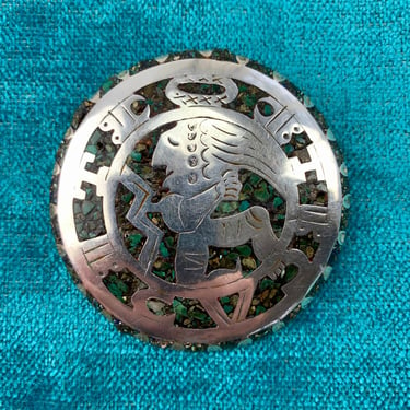 1940s-50s Aztec Warrior Brooch - Sterling Silver with Green Onyx Composite Inlay - Locking Clasp - 2-1/4 Inch Diameter - Handmade in Mexico 