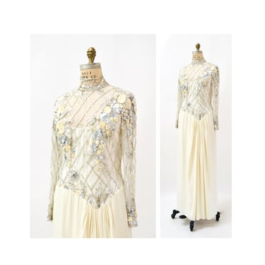 80s 90s Vintage Silver White Cream Beaded Sequin Gown Dress Large By Bob Mackie// Vintage Wedding Gown Sequin Beaded Silver Gown 