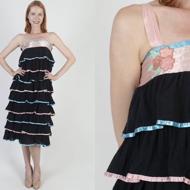 Young Edwardian By Arpeja Dress, Black Gauze Cotton Sundress, 70s Cottagecore Tiered Midi, Spaghetti Strap Prairie Gown 