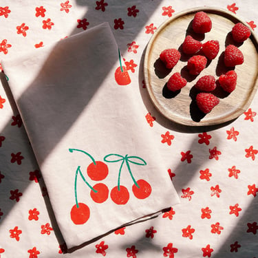 linen dinner napkins. red cherry on blush. hand block printed. placemats / tea towel. fruit. cherries. pink. boho decor. hostess gifting. 
