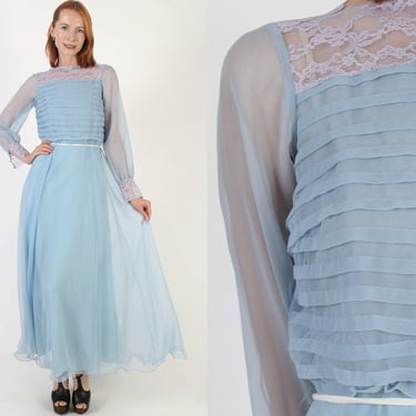 Steel Blue Chiffon Maxi Dress Long Sheer See Through Sleeves Vintage 70s Monochrome Full Skirt Cocktail Dress With Belt 