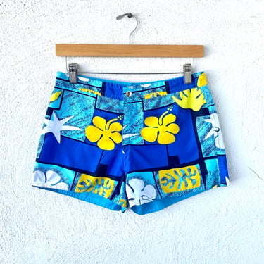 Vintage 90s Hawaii Graphic Short Swim Shorts // Blue Yellow Floral Star Hawaii Reversible Swim Bottoms 