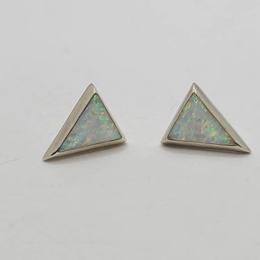 Faux Opal Inlaid Sterling Silver Post Triangular Earrings 