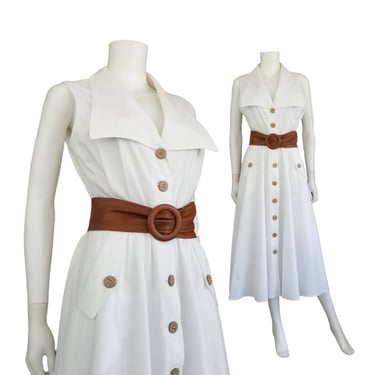 Vintage White Sun Dress, Medium / 1990s Cotton Button Dress / Wide Collar 1950s Style Dress / Sleeveless Flared Summer Dress with Pockets 