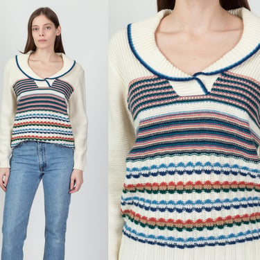 70s Striped Shawl Collar Sweater - Men's Medium, Women's Large | Vintage White Striped Knit Pullover 