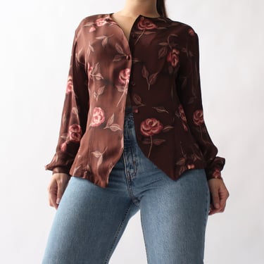 Vintage Burgundy Floral Silk Blouse