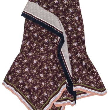 Veronica Beard - Maroon Floral Print Skirt w/ Striped Asymmetrical Hem Sz 00